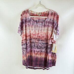 One World Womens Shirt Top 2X Boho Studded Short Sleeve OW6